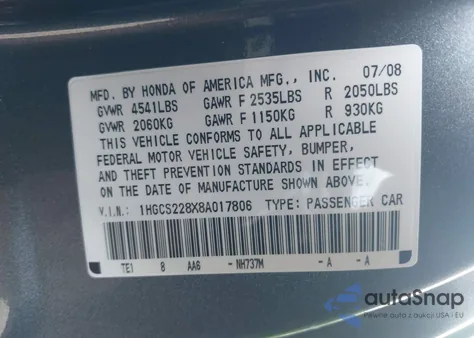 2008 Honda Accord 3.5 Ex-L из США, поврежденный, VIN 1HGCS228X8A017806